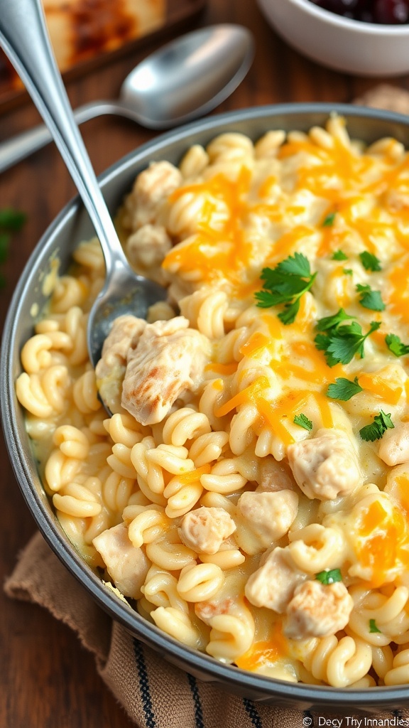 Creamy chicken and rice casserole topped with melted cheese and parsley, served in a rustic kitchen.